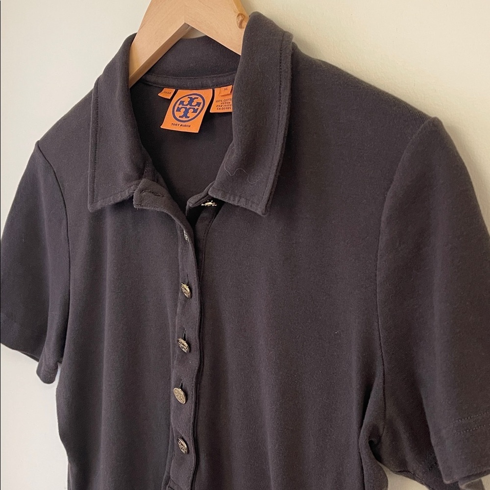 Tory Burch Brown Cotton Polo Shirt Gold Buttons XL GUC - Picture 3 of 6